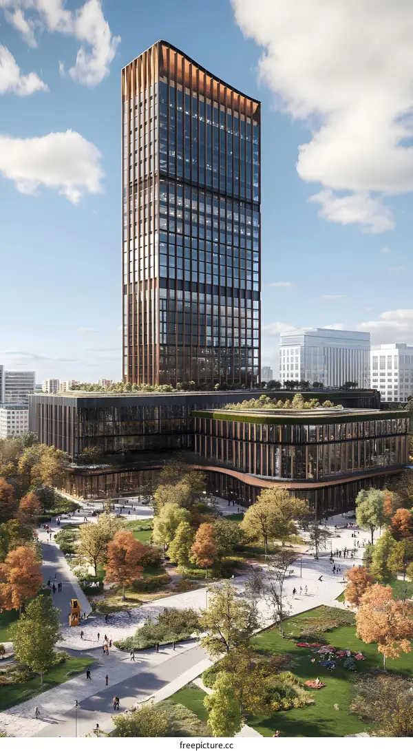 Modern Skyscraper with Green Roof and Park