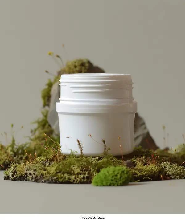 White Jar with Lid on Green Moss Bed