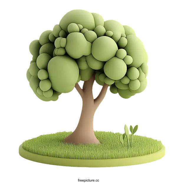 [Transparent Background PNG]Cartoonish Tree Illustration on a Circular Grassy Base
