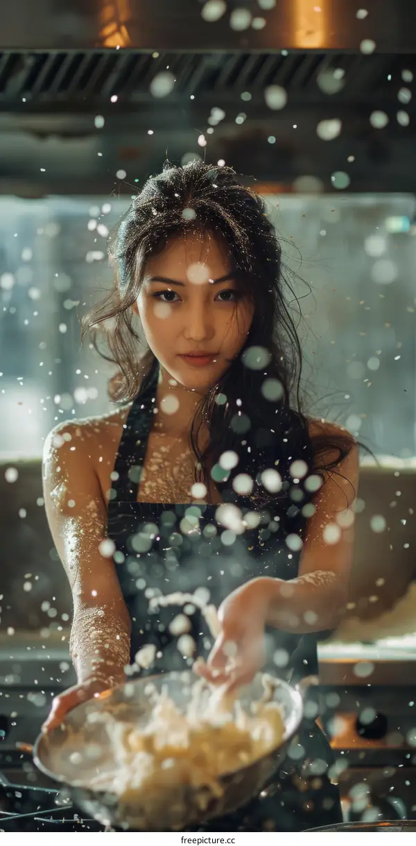 Flour covered woman in black apron