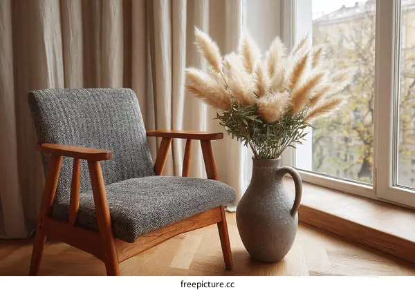 Modern Living Room with Mid-Century Chair and Pampas Grass
