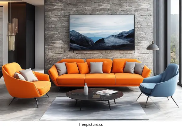 Modern Orange and Blue Living Room Furniture Set