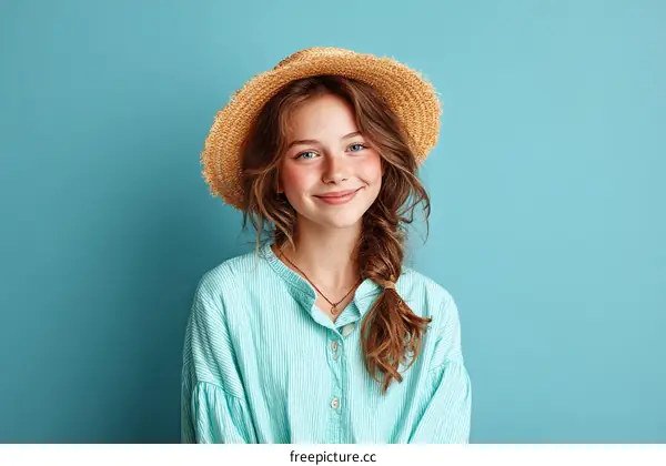 Smiling Teenage Girl in Straw Hat and Turquoise Shirt