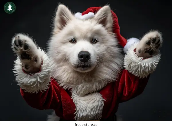 Adorable Samoyed in Santa Hat Poses with Paws Up