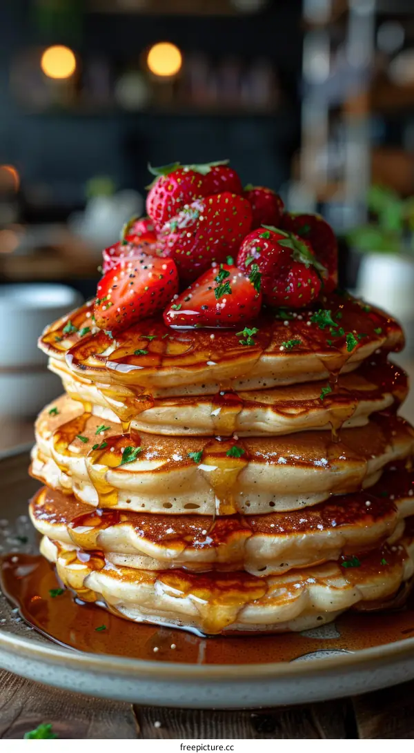 A stack of fluffy pancakes with fresh strawberries and sweet syrup