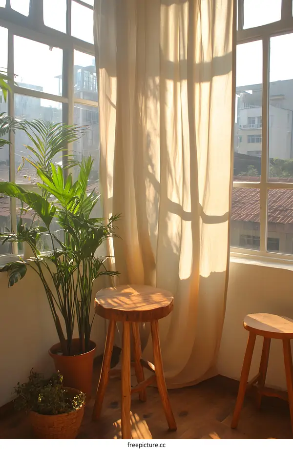 Sunlight Through White Curtains with Wooden Stools and Plants