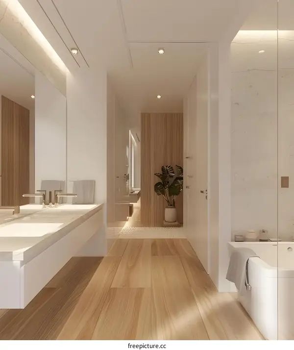 Modern Bathroom Interior Design with White Walls and Wooden Floor