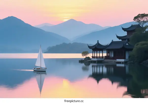 Sailboat on calm lake with traditional Chinese pavilion at sunset