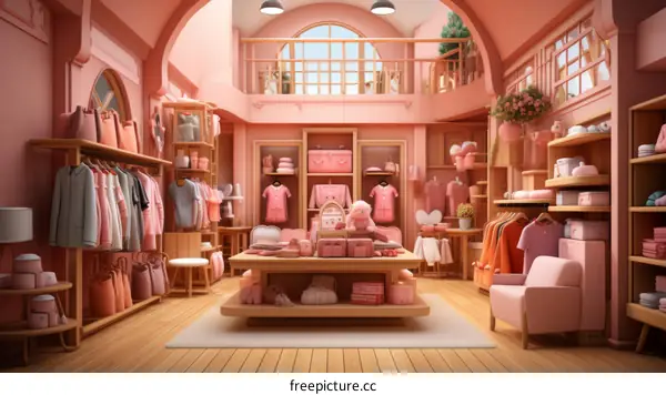 Pink boutique interior with clothes and accessories