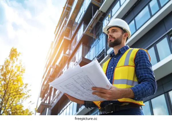 Construction Engineer Reviewing Building Plans Outside