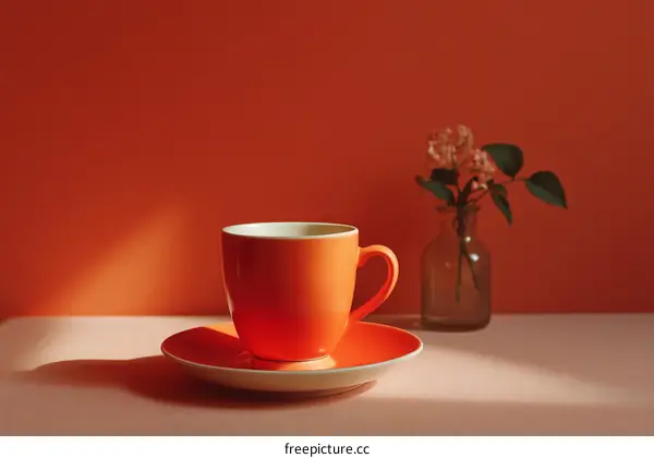 Orange Coffee Cup on a Pale Pink Table with Flowers