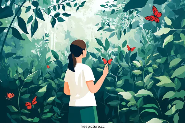 Woman Watching Butterflies in a Lush Forest