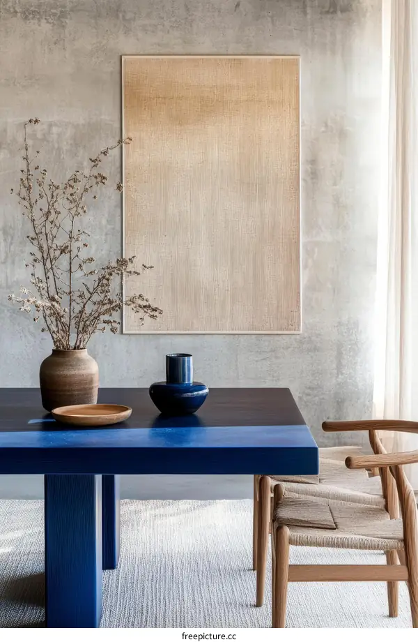 Modern Dining Room with Blue Table and Artwork