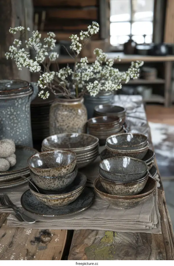 Rustic table setting with ceramic tableware