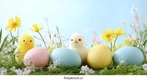 Easter Eggs and Chicks in a Flower Meadow
