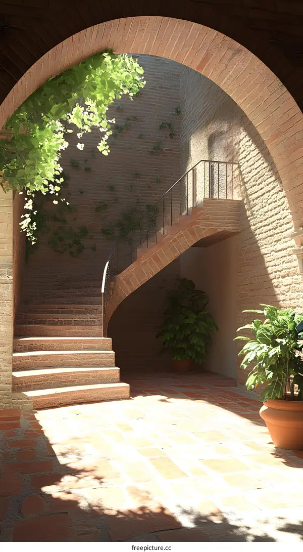 Brick Courtyard with Archway and Staircase