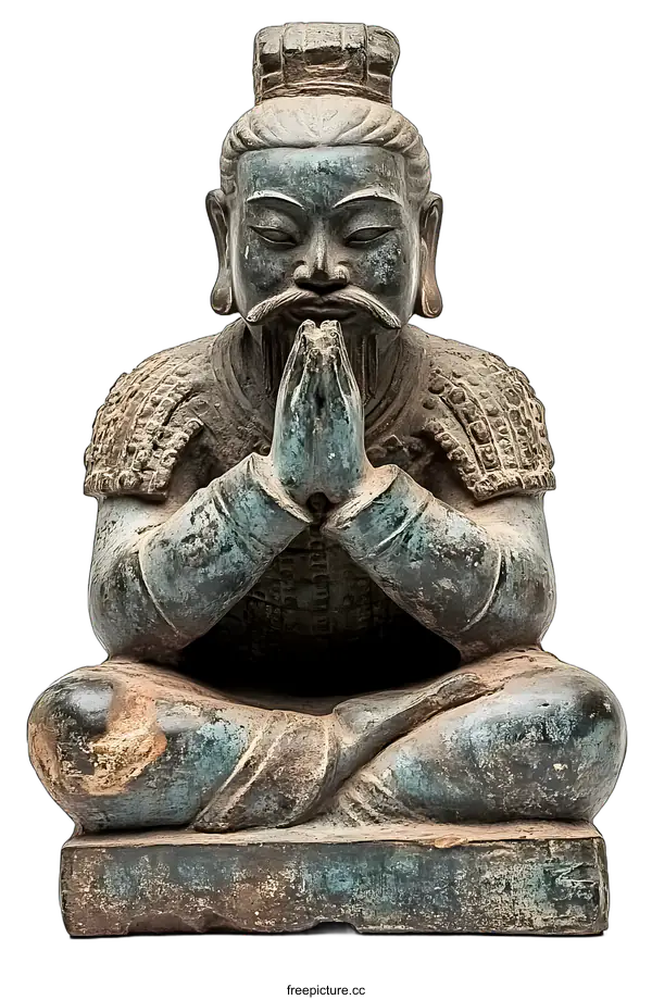[Transparent Background PNG]Ancient Chinese Bronze Statue of a Warrior Praying