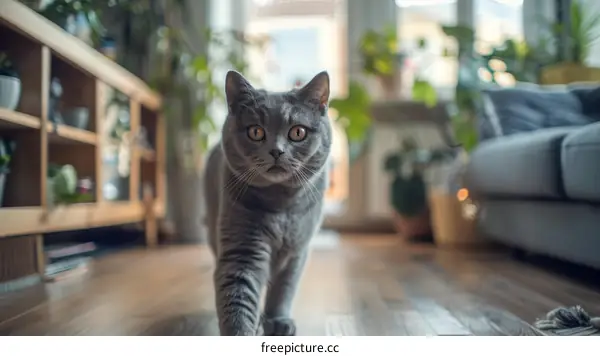 A gray cat is walking towards the camera in a living room