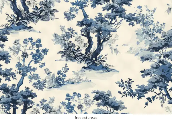 Blue and White Chinoiserie Pattern with Birds and Flowers