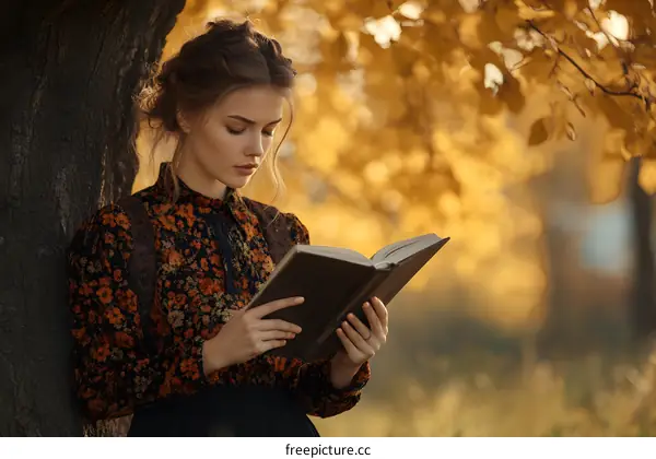 Woman Reading Book in Autumn Forest