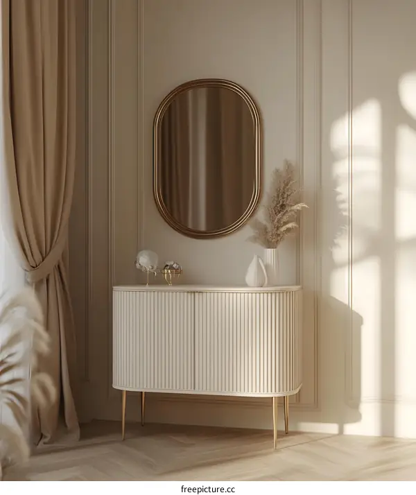 Modern Interior Design with Gold Mirror and White Cabinet