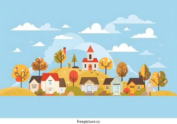 Autumn Village Landscape Illustration with Colorful Trees and Houses