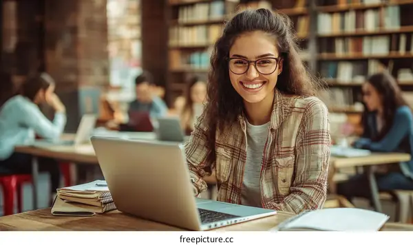 Smiling Student in a Busy Library