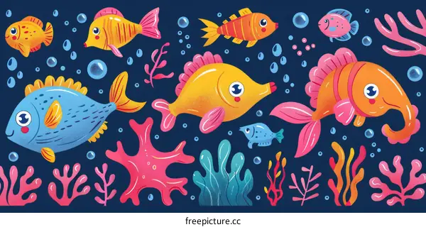 Colorful fishes and underwater plants seamless pattern