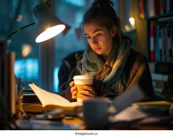 Young woman studying late at night in a cozy room