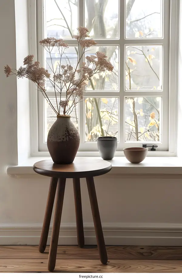 Dried Flowers in a Ceramic Vase on a Wooden Stool