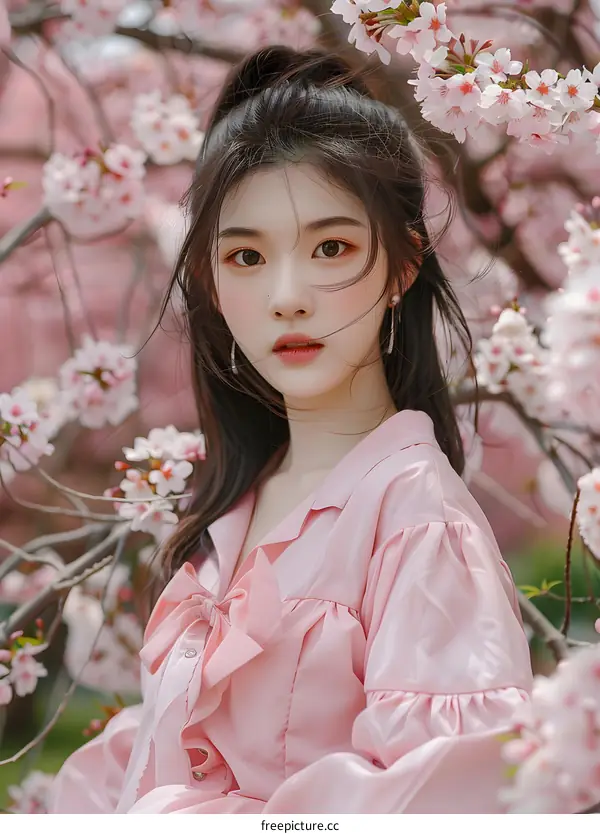 Asian Woman in Pink Dress Posing in Front of Cherry Blossoms