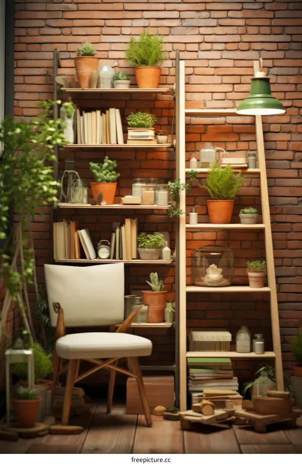 Greenery and Shelves in Front of Brick Wall with Chair