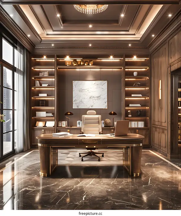 Luxury office interior with marble floor, wood paneling, and crystal chandelier