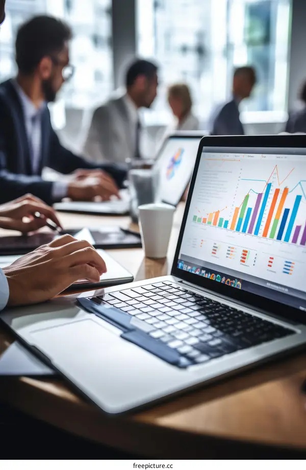 Business people working on laptop and discussing graphs and charts during meeting in modern office