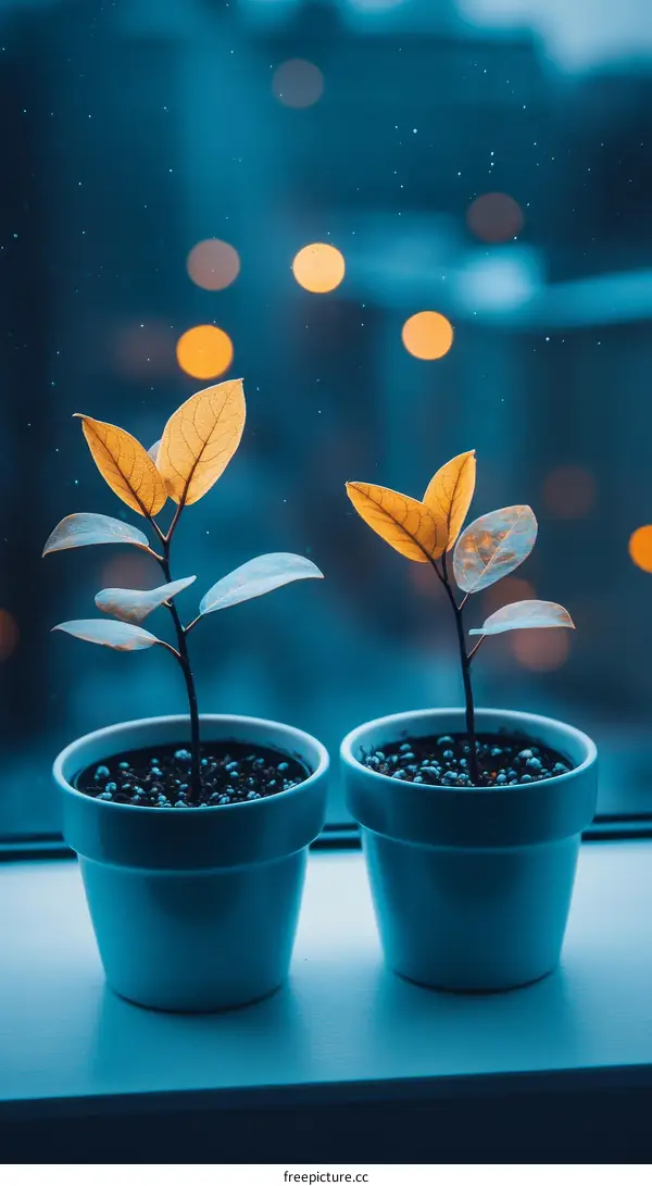 Two Small Plants in Pots by a Window at Night