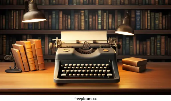 Vintage typewriter on a wooden table in a library with bookshelves in the background