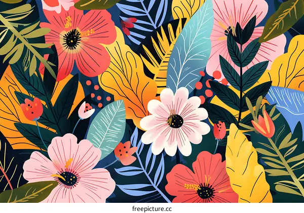 Colorful Floral Pattern With Tropical Leaves