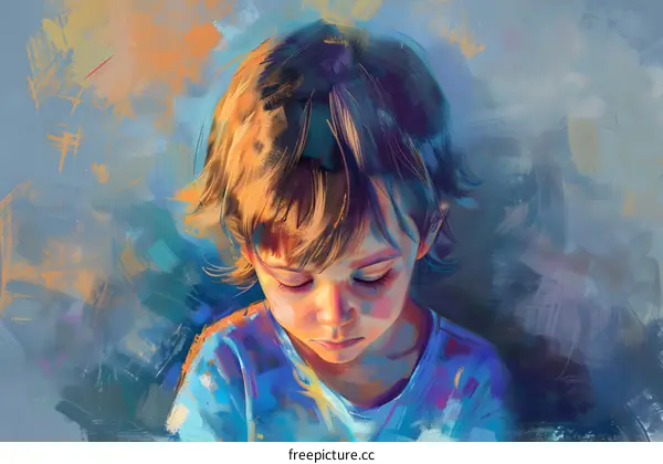 portrait of a sad looking child with short blond hair wearing a blue shirt