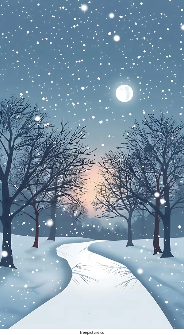 Snowy Night Forest Path with a Full Moon