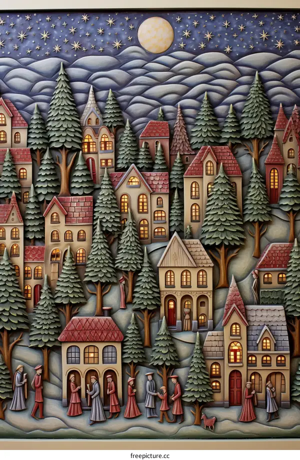 wood carving of a winter village with people walking around