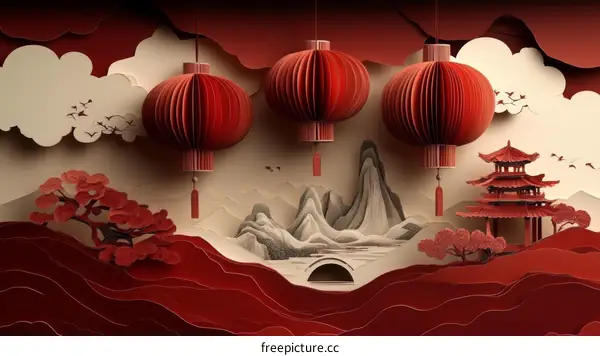Paper Cut Chinese New Year Lanterns and Pagoda