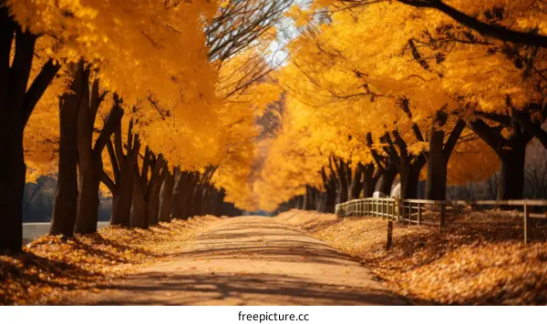 Country road in autumn with yellow trees and fallen leaves