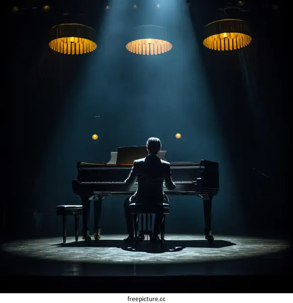 Man playing piano on stage with spotlights