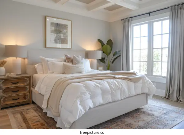 Elegant Master Bedroom with Large Windows and Neutral Palette