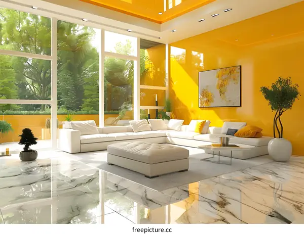 Airy and bright living room with yellow walls and white furniture