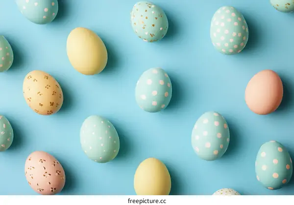 Colorful Easter Eggs Pattern on Light Blue Background