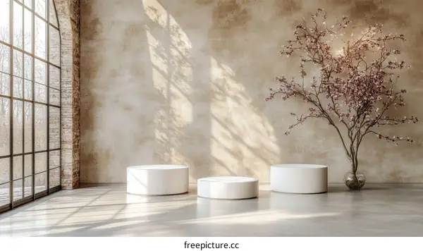 Modern Minimalist Interior Design with Cherry Blossom Decor