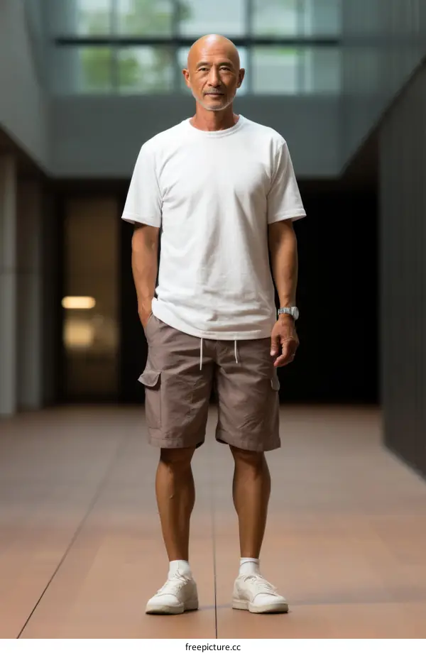 Portrait of a bald Asian man in casual clothing standing in a modern building