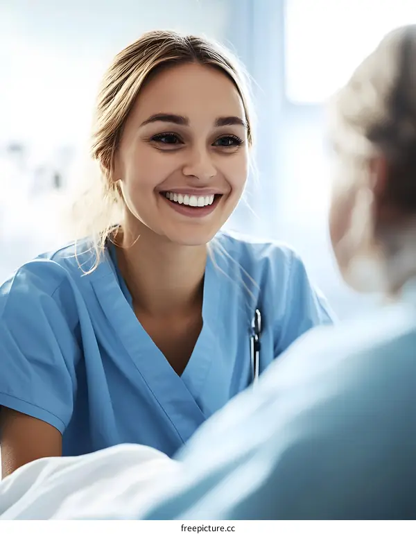 Smiling Nurse Talking To Patient in Hospital Room