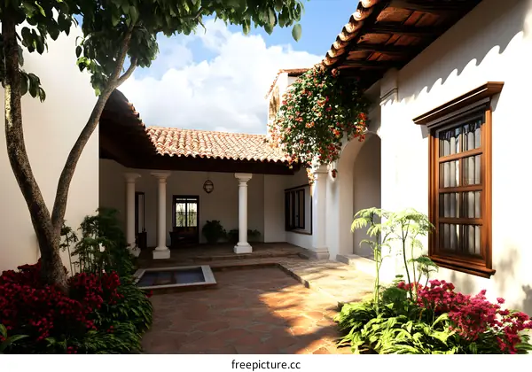Spanish Colonial Courtyard With Red Tile Roof